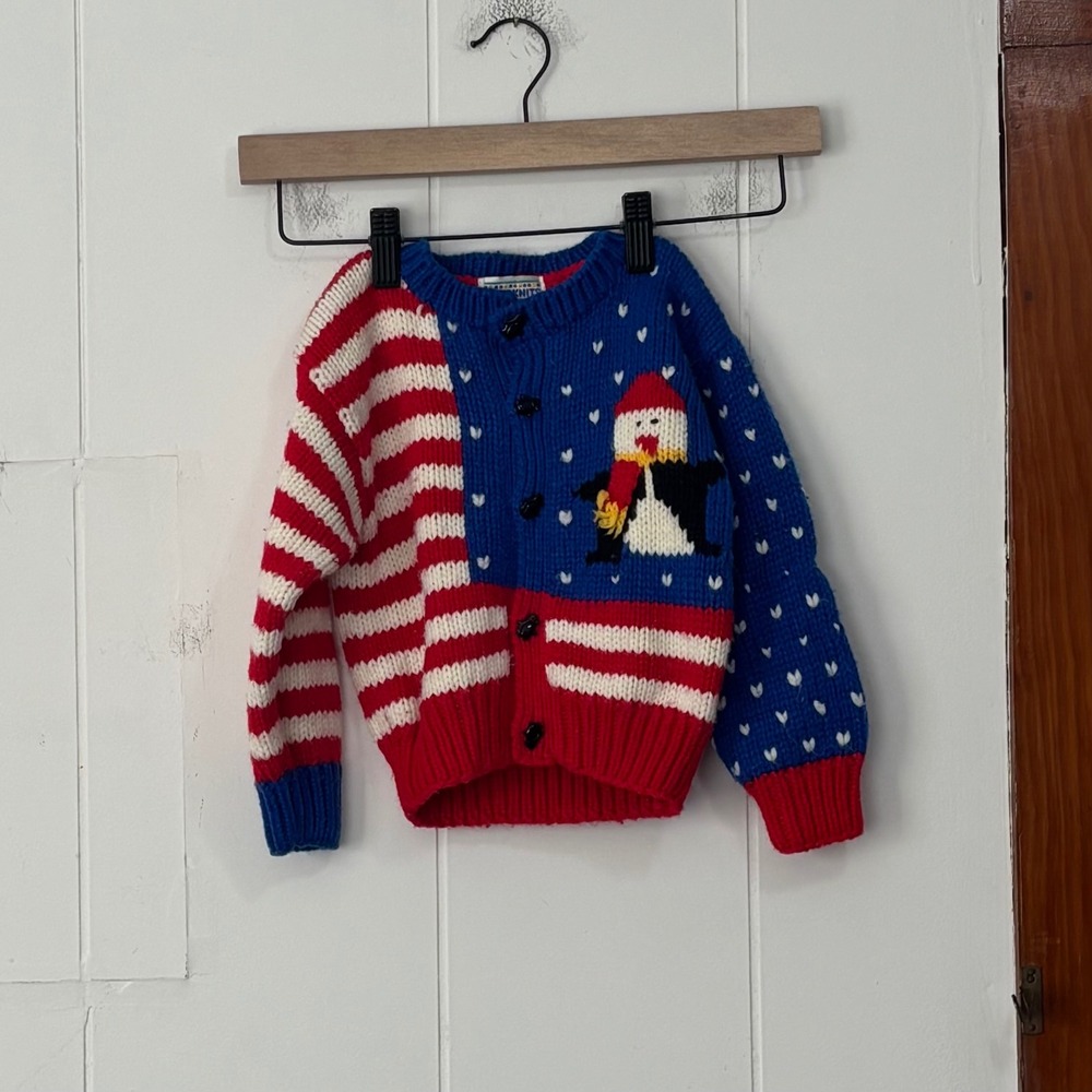 Vintage Handknits by BJ Kids Penguin American Flag USA‎ Crochet Sweater 24M